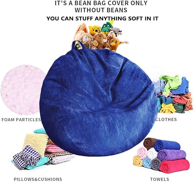 Kisoy Bean Bag Chair Cover (No Filler) Stuffed Animal Storage Bean Bag Cover Pets Dogs/Cats Lazy Beds. Washable Ultra Soft Corduroy Stuffed for Organizing Plush Toys or Textile, Sack Bean Bag
