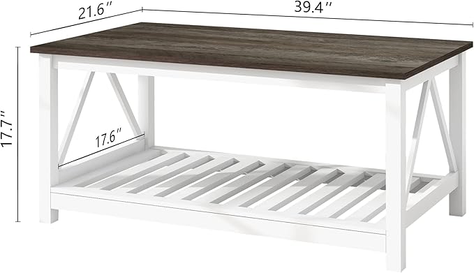 Farmhouse Coffee Table, White OakCoffee Table for Living Room, 2-Tier Rectangular Wooden Centre Cocktail Table with Slats Shelf Storage and V-Shaped Frame Modern Coffee Table Dark Oak