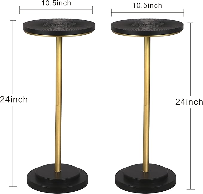Drink Table Set of 2, Small Round Pedestal Side Table with Carved Top for Living Room, Bedroom, Small Space, Corners and Office, Gold and Black
