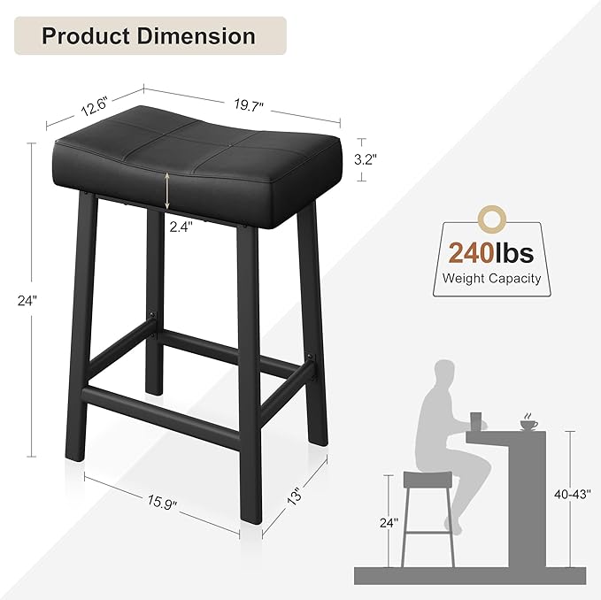 GarveeHome Counter Height Bar Stools Set of 2, 24 Inch Barstools for Kitchen Island Counter, Upholstered Padded Saddle Chairs with Curved Cushion, Easy Assembly, Black