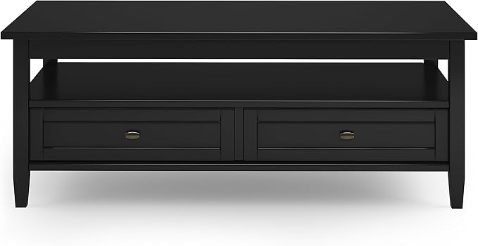 SIMPLIHOME Warm Shaker Coffee Table - 48 inch Wide Solid Wood Cocktail Table in Black, Transitional Living Room Table with 2 Storage Drawers and Open Shelf for Sitting Area or Lounge