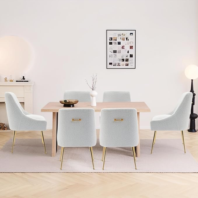 Modern Velvet Dining Chairs Set of 4, Contemporary Upholstered Furniture Collection with Polished Gold Metal Legs, Elegant Accent Chairs for Kitchen Living Room(Teddy Fleece,White)
