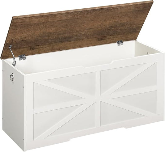 Storage Chest, 39.4" Wooden Storage Trunk, Modern Storage Bench with Safety Hinge, Toy Box, Farmhouse Style, for Bedroom, Living Room, Walnut and White MCW10WL