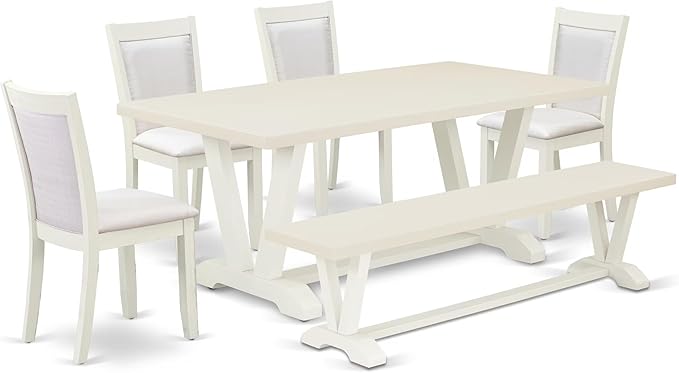 East West Furniture V027MZ001-6 6 Piece Dining Set Contains a Rectangle Dining Room Table with V-Legs and 4 Cream Linen Fabric Upholstered Chairs with a Bench, 40x72 Inch, Multi-Color