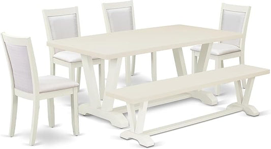 East West Furniture V027MZ001-6 6 Piece Dining Set Contains a Rectangle Dining Room Table with V-Legs and 4 Cream Linen Fabric Upholstered Chairs with a Bench, 40x72 Inch, Multi-Color
