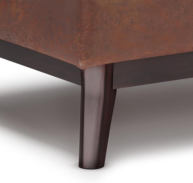 SIMPLIHOME Owen 34 inch Wide Mid Century Modern Rectangle Tray Top Small Coffee Table Storage Ottoman in Distressed Saddle Brown Vegan Faux Leather, Assembled, For the Living Room and Entryway
