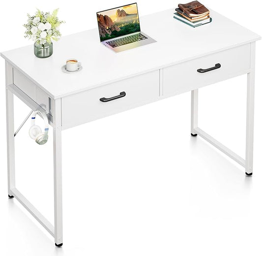 Casaottima 40 Inch Small Office Computer Desk with 2 Drawers & Headphone Hook - Compact Writing Desk for Home Office, Study or Work, Modern Space-Saving Design for Small Spaces, White