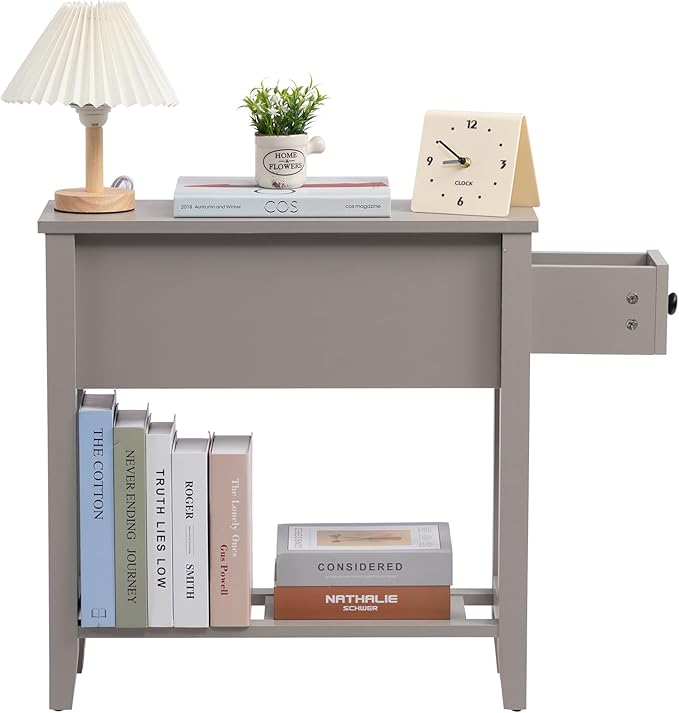 Gery Chairside Narrow End Table, Solid Recliner Side Table with Drawer, Slim Nightstand Bedside Table for Living Room Bedroom