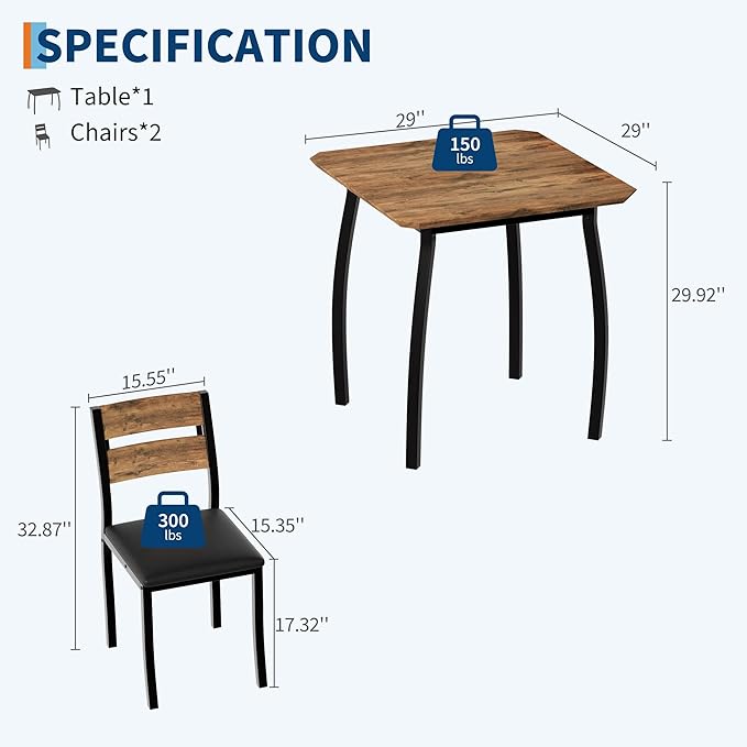 GAOMON Dining Table Set for 2, 3 Piece Small Kitchen Table and 2 Upholstered Chairs with Metal Frame & Wood Grain Tabletop for Small Space, Apartment, Kitchen, Dining Room, Black/Rustic