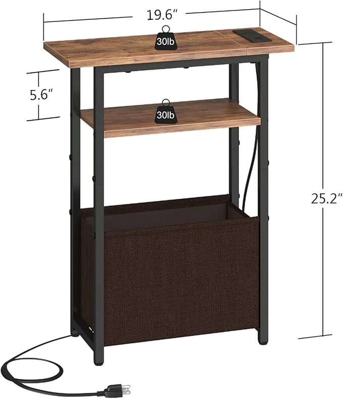 Narrow Side Table with Charging Station, Small End Table for Small Spaces, Skinny Nightstands with Storage Basket, 3 Tier Sofa Couch Bedside Tables for Living Room,Bedroom, Rustic Brown