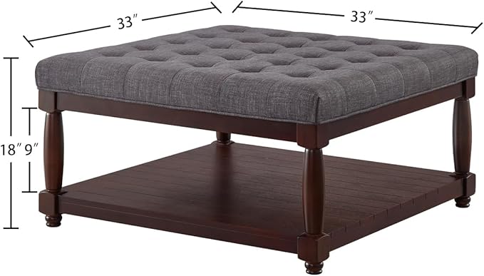 24KF Upholstered Square Coffee Table with Wooden Shelf, Tufted Button Large Square Ottoman with Spindle Wooden Legs, Linen Large Footrest Ottoman Pouf for Living Room, Dark Gray