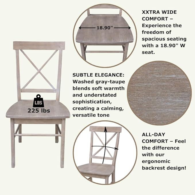 X-Back Dining Chairs Set of 2 Washed Gray Taupe Solid Wood Parawood Construction, Stylish and Comfortable Chairs for Kitchen/Dining, 18.9"W x 22.2"D x 36.9"H, 225 lb Weight Capacity
