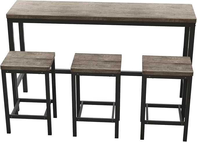 KEIKI 60.24” Long Bar High Top Dining Table and 3 Stools Chairs Set, Wood Behind Couch Sofa Counter Height Pub Furniture for Breakfast, Kitchen Living Party Room, Brown Grey