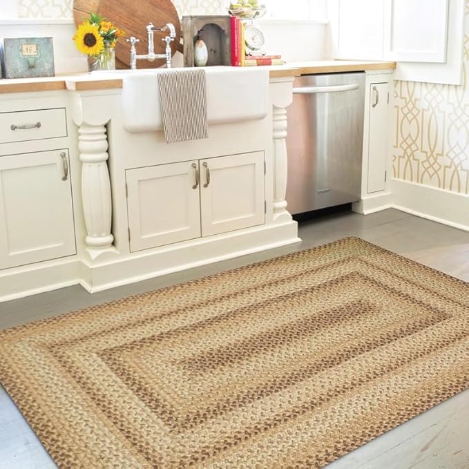 Homespice Cookie Dough Brown Braided Rugs 27x45 - Jute Braided Country Kitchen Rugs for Rustic Decor