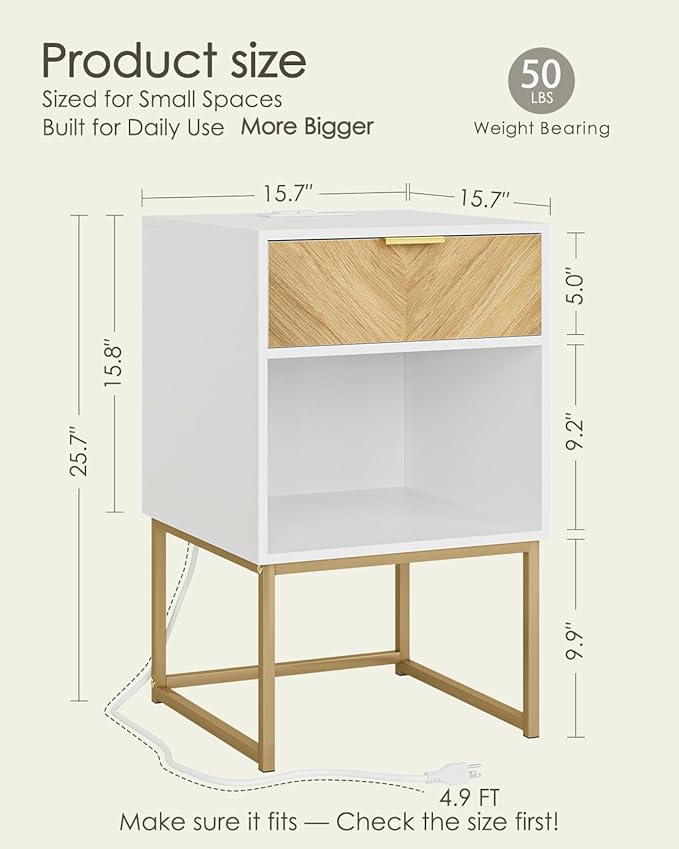 Nightstand with Charging Station,Modern Night Stand Boho Farmhouse Wood Bedside Table with Storage Drawer and Open Shelf,Side End Table for Bedroom,Living Room,White