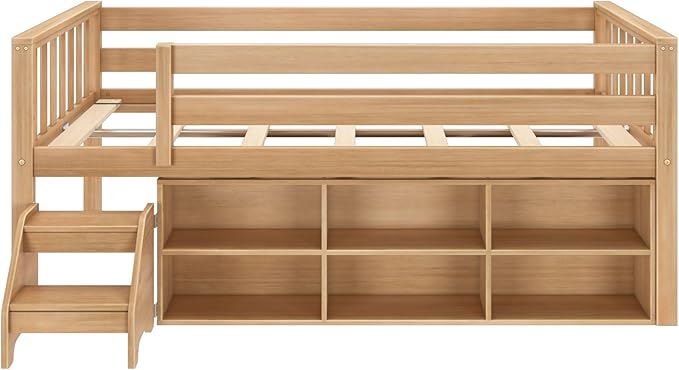 Max & Lily Soren Ultra Low Loft Bed, Twin Bed Frame for Kids with Bookcase, Blonde