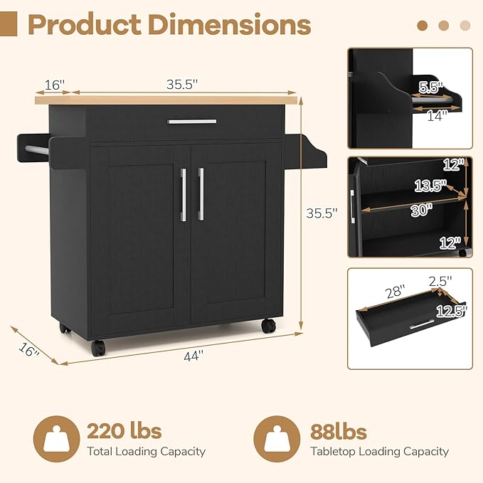 COSTWAY Kitchen Island On Wheels, Rolling Storage Trolley Cart with Large Cabinet, Drawer, Spice Rack and Towel Rack, Kitchen Serving Utility, 3-Position Adjustable Shelf (Black)