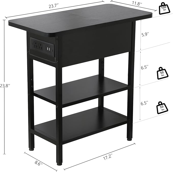 Modern End Table with Charging Station, Narrow Side Table with USB Ports & Outlets, Flip-Top Nightstand with Storage Shelf, Small Bedside Table for Living Room, Bedroom, Small Space, Black