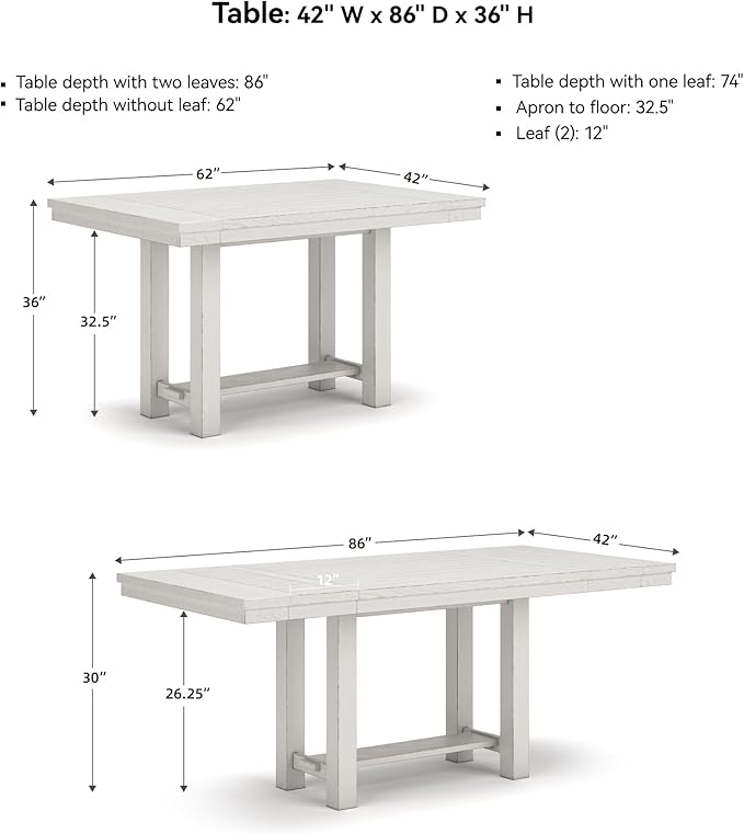 Signature Design by Ashley Robbinsdale Farmhouse Distressed Counter Height Dining Extension Table with Trestle Base, Planked Effect and 2 Removable End Leaves, White
