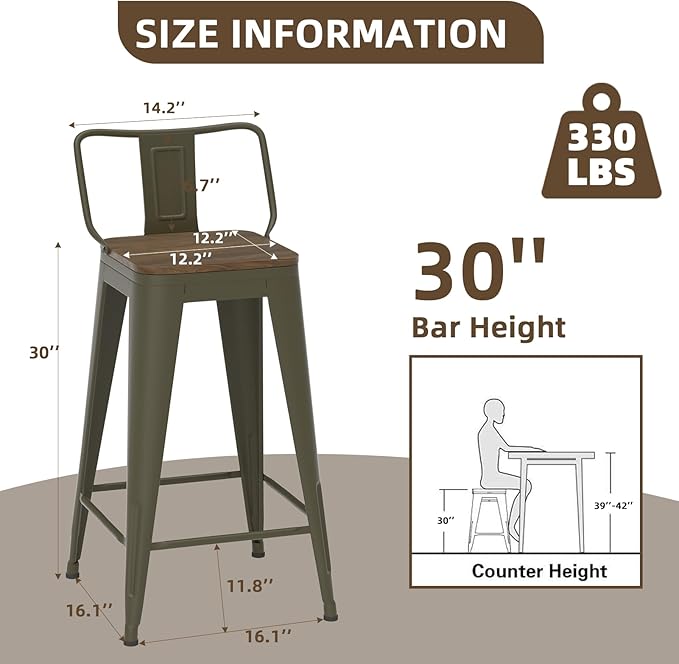30 Inch Swivel Bar Stools Set of 4, Counter Height Bar Stools with Low Back, Metal Industrial Bar Chairs for Kitchen Island (Rusty)