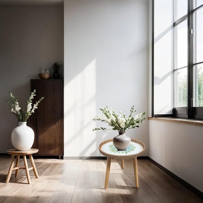 Rattan Round Side Table, Handmade Rattan Tray with 3 Legs, Mother of Pearls Inlay Coffee/Accent Table, Round End/Side Tables for Living Room, Bedrooms, Pedestal Plant Stand for Balcony
