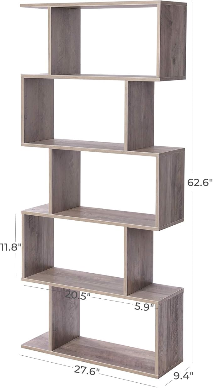 VASAGLE Wooden Bookcase, Display Shelf and Room Divider, Freestanding Decorative Storage Shelving, 5-Tier Bookshelf, Greige ULBC062M01 9.4D x 27.6W x 62.6H in