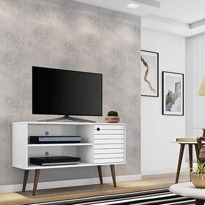 Manhattan Comfort Liberty Mid Century Modern TV Stand for Televisions up to 46 Inches, Bedroom and Living Room Entertainment Center with Storage, Shelves, and Cabinet, 43" Wide, White