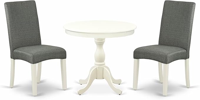 East West Furniture AMDR3-LWH-07 3 Piece Dining Table Set for Small Spaces Contains a Round Kitchen Table with Pedestal and 2 Gray Linen Fabric Upholstered Chairs, 36x36 Inch, Linen White