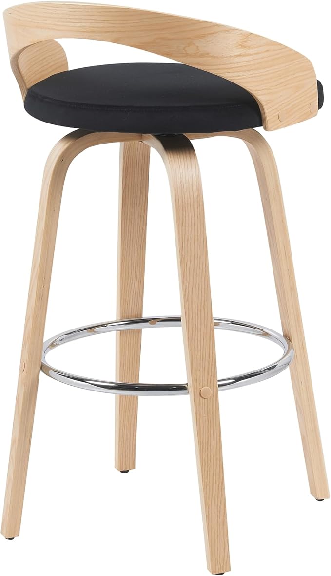Armen Living Sonia Modern Swivel Bar Height Stool with Black Upholstered Seat and Patterned Oak Wood Finish