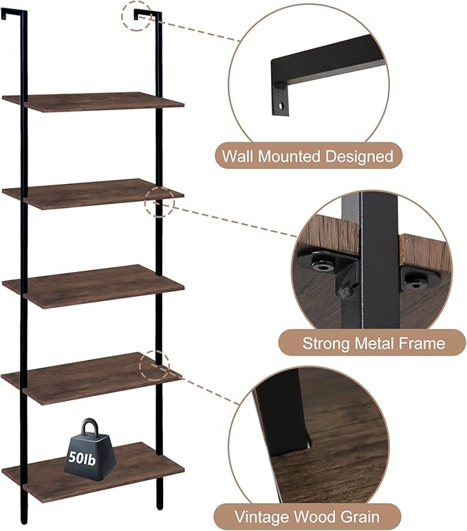 5 Tiers Ladder Shelf 2-Piece Black Modern Tall Bookshelf Open Large Tall Wall Mount Storage Bookcase Standing Leaning Wall Shelves Industrial Decorative (Brown)