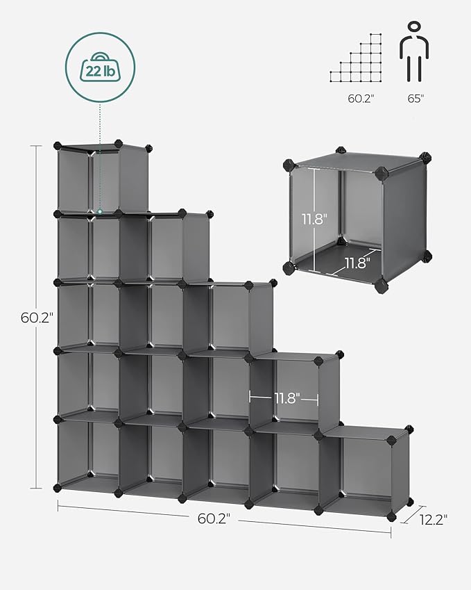 SONGMICS Cube Storage Organizer, Set of 16 Plastic Cubes, Closet Organizers and Storage, Room Organization, Bedroom Living Room, 12.2 x 48.4 x 48.4 Inches, Gray ULPC442G01