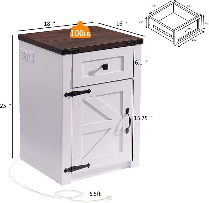 SOOWERY Nightstands Set of 2, Nightstand with Charging Station, Farmhouse End Table with Barn Door and Drawer, Rustic Wood Sofa Side Table for Bedroom, Living Room, White