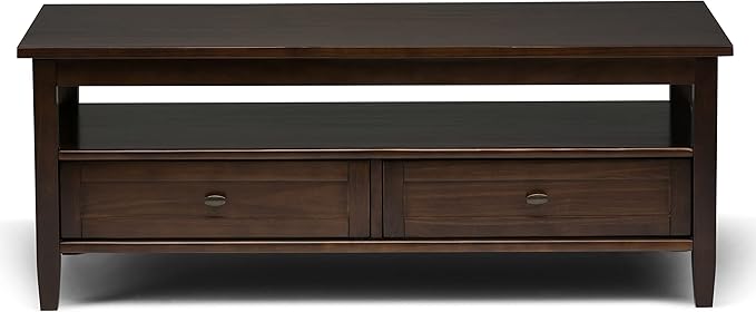 SIMPLIHOME Warm Shaker Coffee Table - 48 inch Wide Solid Wood Cocktail Table in Tobacco Brown, Transitional Living Room Table with 2 Storage Drawers and Open Shelf for Sitting Area or Lounge