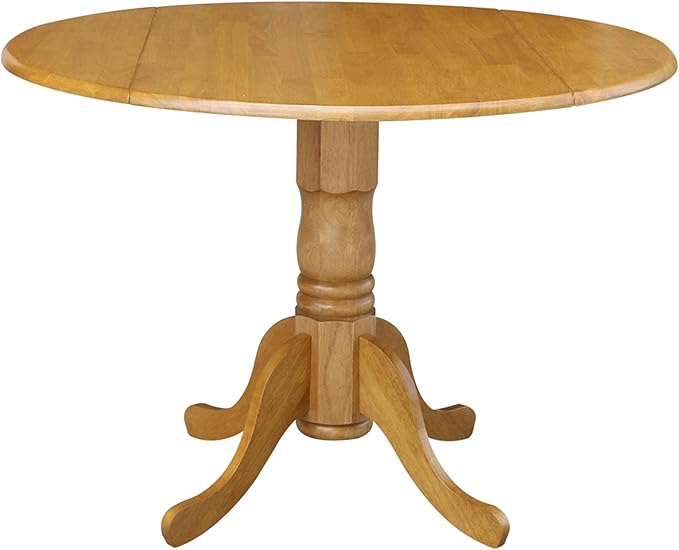 IC International Concepts, 42" Round Dual Drop Leaf Pedestal Dining Table, Solid Real Wood, Sturdy Parawood, Dimensions 42"D x 42"W x 29.5"H, 20mm thickness, 40lbs Weight Capacity, Oak