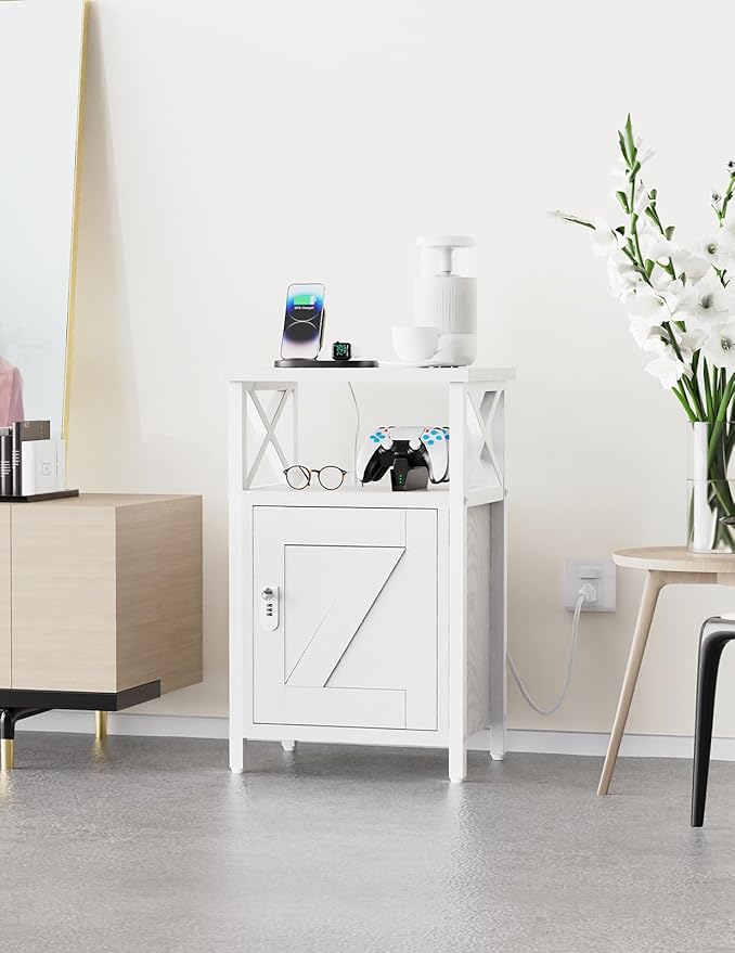 Wooden Nightstand with Lock, Bed Side Table with Drawers, Bedside Table with Charging Station, 3 USB & 2 Outlets, Night Stand with Storage, End Tables for Living Room, Bedroom, Dorm, White