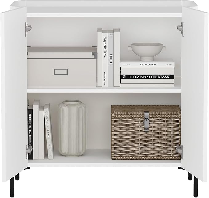 Manhattan Comfort Abbey Accent Cabinet with Doors, Tray Top Design and Adjustable Shelves, Sleek Modern Storage Furniture for Dining Area, Living Room, Bedroom, Entryway, White
