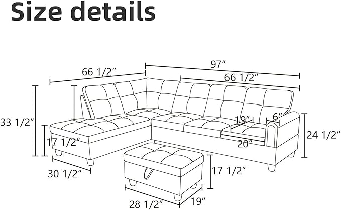 L Shaped Sectional Couches for Living Room, Modern Modular Sectional Sofa with Ottoman Storage, Comfy L Shaped Couch with Chaise for Bedroom Apartment Furniture, Coffee