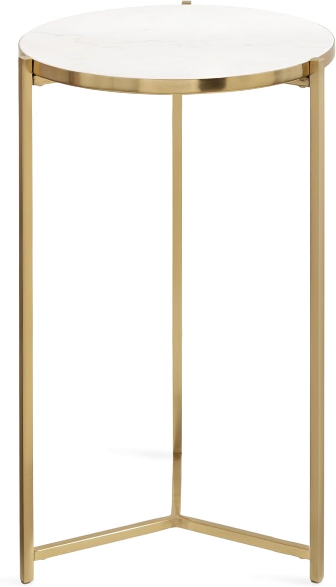 Kate and Laurel Aguilar Modern Round Side Table, 15 x 15 x 24, White and Gold, Genuine Marble Nightstand for Small Spaces and Living Room Décor