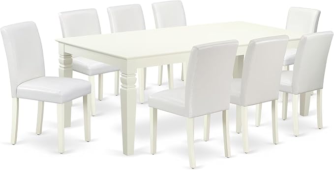 East West Furniture LGAB9-LWH-64 9 Piece Dining Table Set Includes a Rectangle Kitchen Table with Butterfly Leaf and 8 White Faux Leather Upholstered Chairs, 42x84 Inch, Linen White