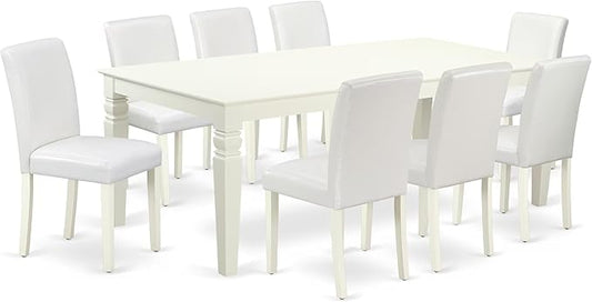 East West Furniture LGAB9-LWH-64 9 Piece Dining Table Set Includes a Rectangle Kitchen Table with Butterfly Leaf and 8 White Faux Leather Upholstered Chairs, 42x84 Inch, Linen White