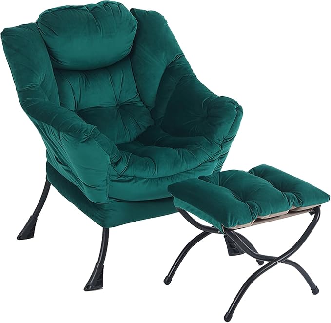 LITA Lazy Chair With Ottoman, Modern Accent Leisure Upholstered Sofa, Contemporary Lounge Reading With Armrests and Side Pocket for Living Room, Bedroom & Small Space, Dark Green