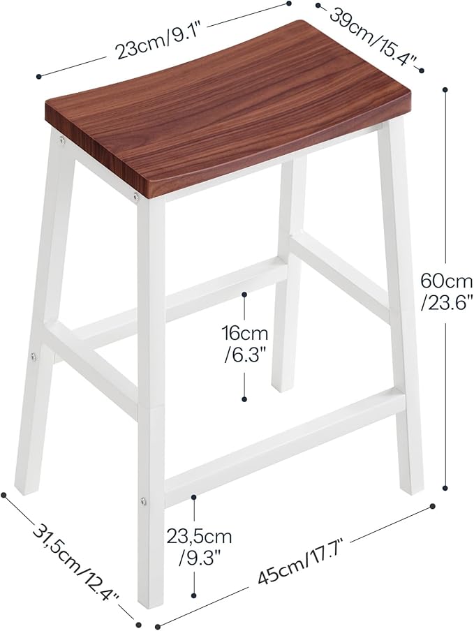 HOOBRO Bar Stools, Set of 2 Bar Chairs, 23.6 Inch Saddle Stools, Kitchen Counter Seat with Footrests, Industrial Barstools for Dining Room, Kitchen, Counter, Bar, Walnut and White HW02MD01