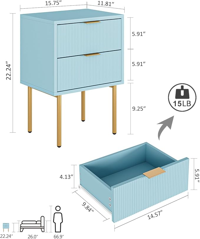Masupu Night Stand,Mid-Century Modern Bedside Table with 2 Storage Drawer,Small Gold Frame Side End Table for Bedroom,Living Room, Blue