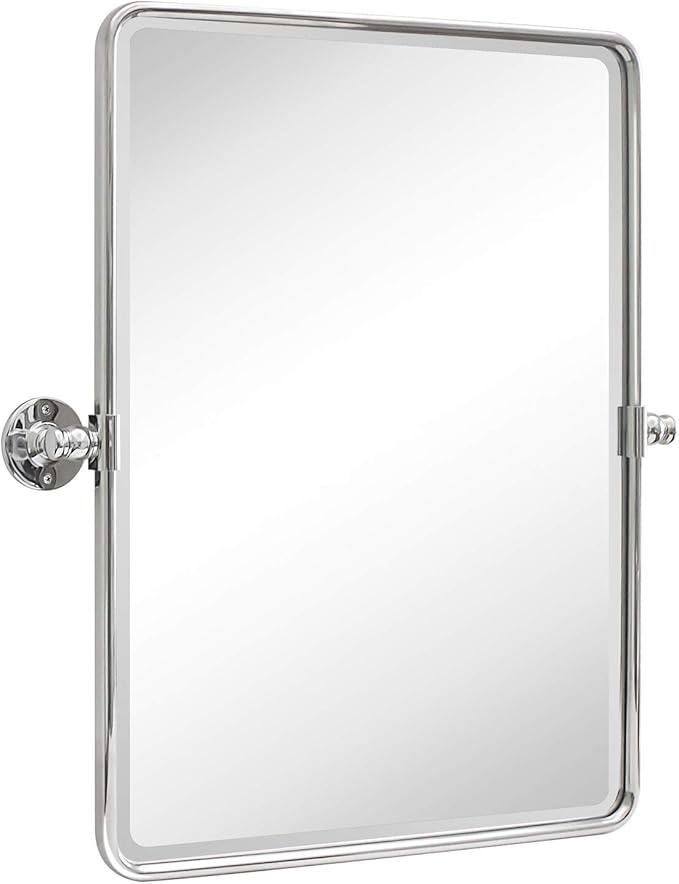 TEHOME 20 x 24 inch Farmhouse Chrome Metal Framed Pivot Rectangle Bathroom Mirror Rounded Rectangluar Tilting Beveled Vanity Mirrors for Wall