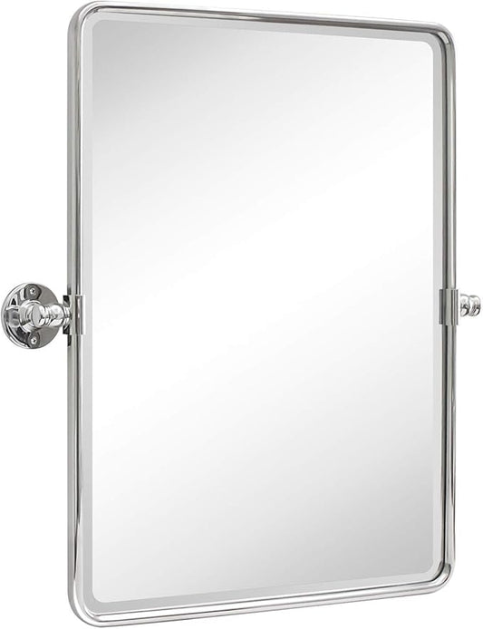 TEHOME 20 x 24 inch Farmhouse Chrome Metal Framed Pivot Rectangle Bathroom Mirror Rounded Rectangluar Tilting Beveled Vanity Mirrors for Wall