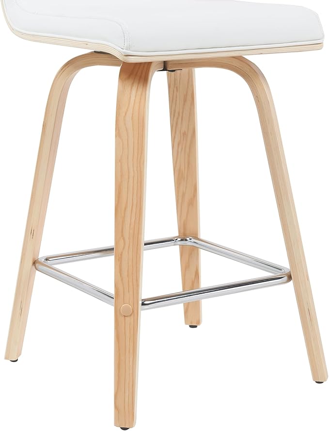 Vienna Modern Counter Height Swivel Bar Stool with White Faux Leather Seat and Patterned Oak Wood Frame Set of 2