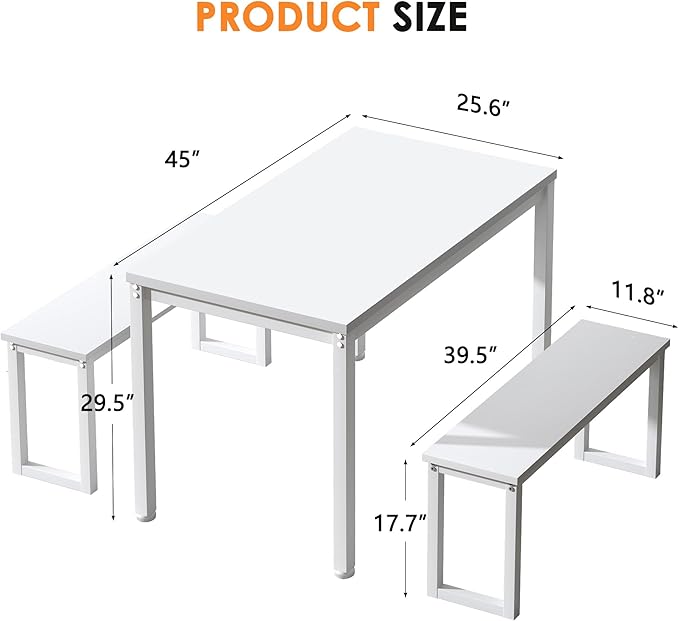 Soges Industrial Style White Dining Table Set for 4, 3 Piece Rectangular Wooden Table and Long Benches, Kitchen and Dining Room Set