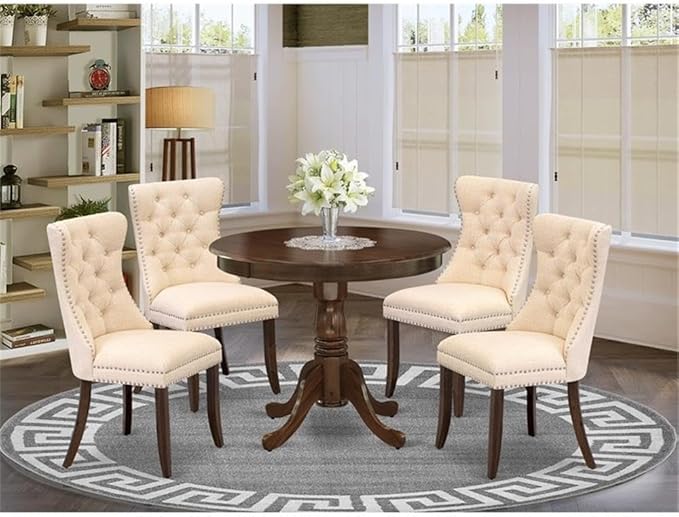 East West Furniture ANDA5-AWA-32 5 Piece Dining Room Furniture Set Includes a Round Kitchen Table with Pedestal and 4 Polyester Fabric Padded Chairs, 36x36 Inch, Antique Walnut