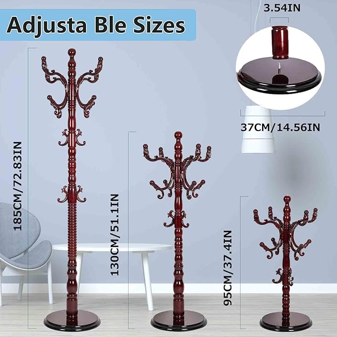 Solid Wood Coat Rack, Coat Racks Free Standing with 14 Hooks, Vintage Coat Rack with Stable Disc Base, Adjustable Height 73 in for Porch, Living Room, Bedroom, Office (Redwood Color)