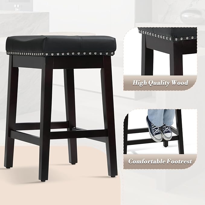 Athena Collection Bar Stools Set of 2, 25 Inches Counter Height Bar Stools Backless with Footrest, Leather Upholstered Saddle Barstools with Nailhead Trim for Home, Kitchen Island, Counter, Black